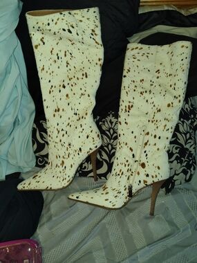 Nordstrom White Cowhide Spot Knee-High Stiletto Boots
